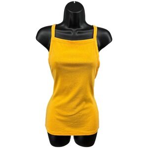 Free People Ribbed Tank Top Yellow Gold Square Neck Low Back Fitted Cami M